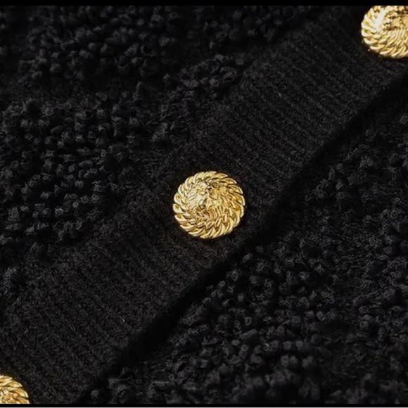 SWEATERS- Black Boucle Cardigan Sweater With Gold Buttons - Picture 5 of 8